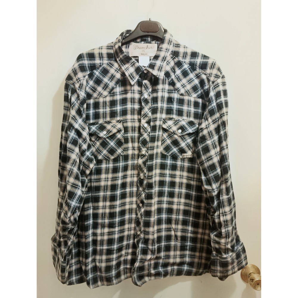 Wrancher by Wrangler Mens 3X Plaid Western Pearl Snap Flannel Shirt Black Blue